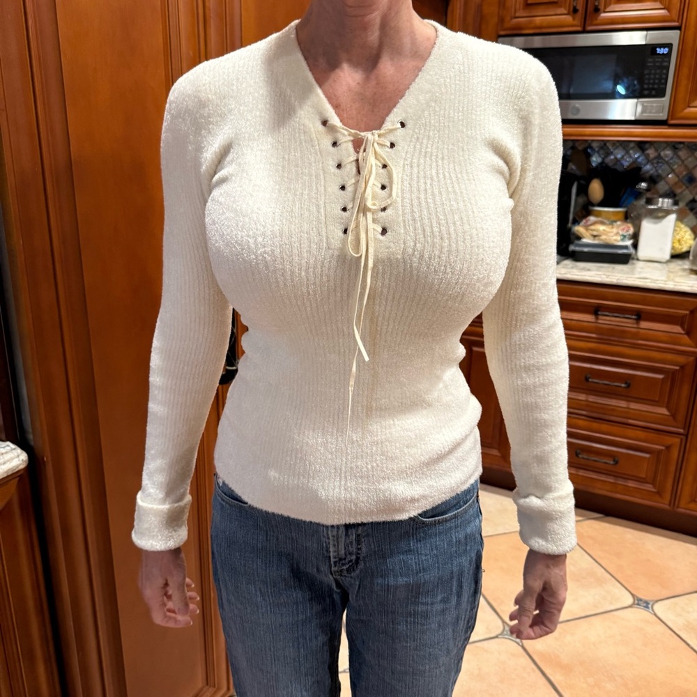 Moda International Soft Cream Lace-up Sweater Size Small